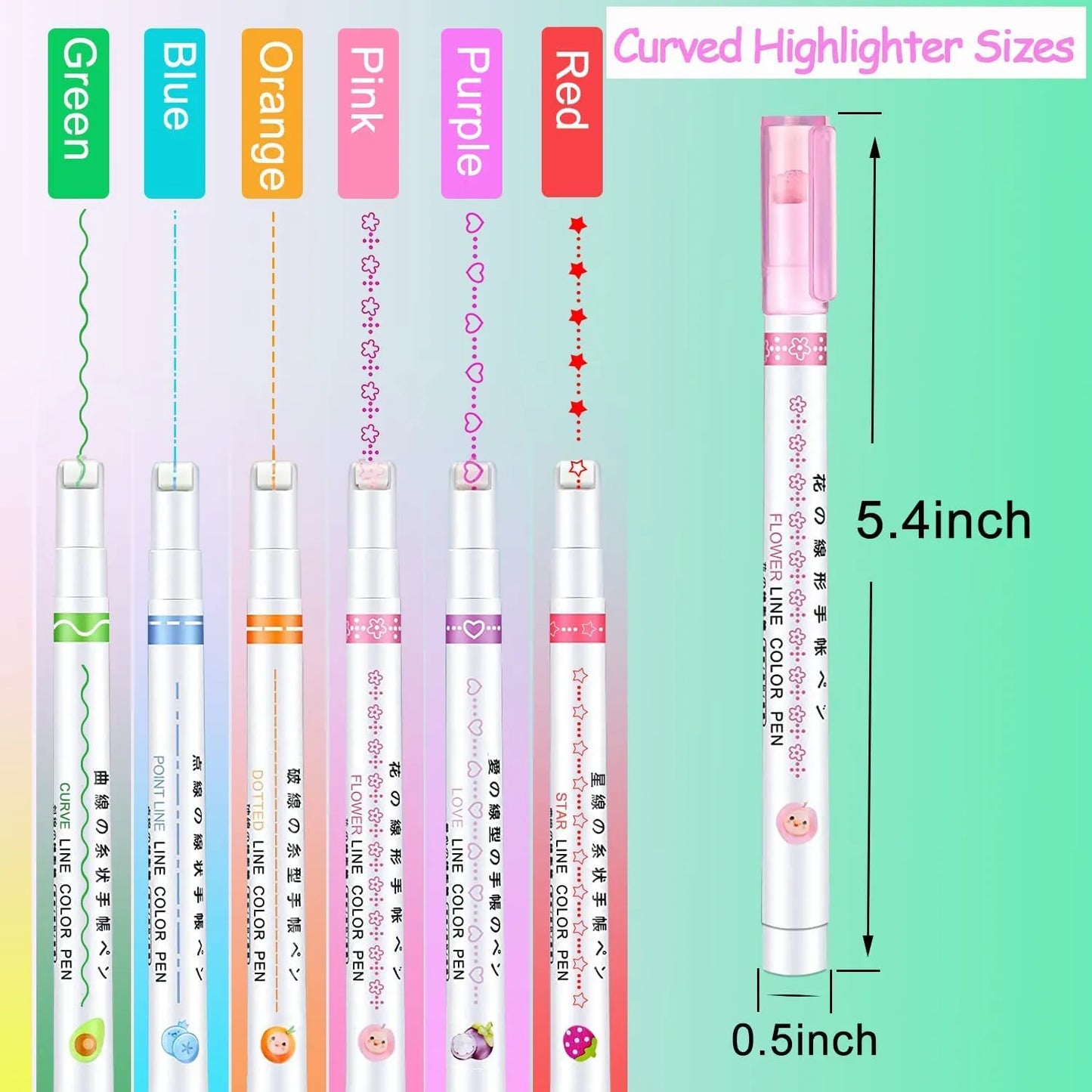 Curved Roller Highlighter Pens – Pattern Line Marker Pens for Notes, Journaling, Scrapbooking & Kids Drawing