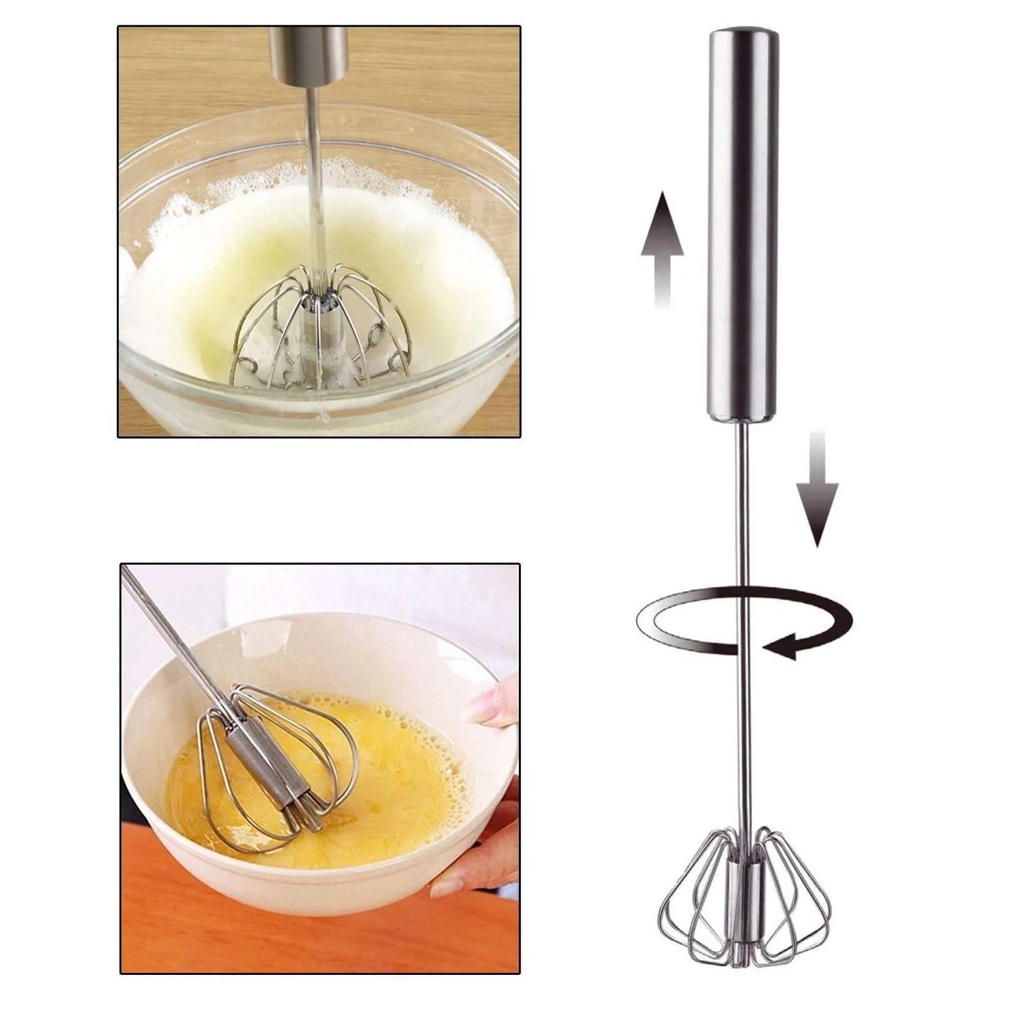 Stainless Steel Push Whisk Beater | Semi-Automatic Egg & Milk Frother | Manual Hand Blender for Kitchen