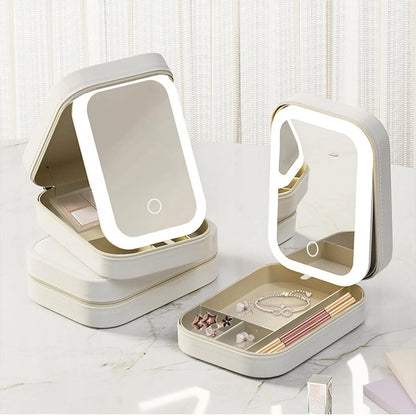Portable Multi-Functional Travel Cosmetic Organizer with LED Mirror USB Rechargeable for Women & Girls