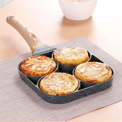 4 Cavity Non-Stick Frying Pan | Multipurpose Egg & Pancake Maker | 4 Section Omelette Pan with Wooden Handle
