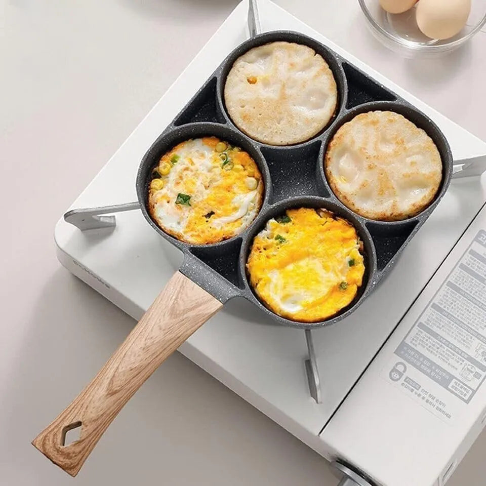 4 Cavity Non-Stick Frying Pan | Multipurpose Egg & Pancake Maker | 4 Section Omelette Pan with Wooden Handle