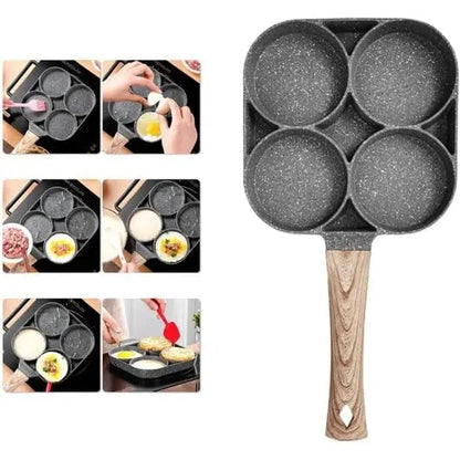 4 Cavity Non-Stick Frying Pan | Multipurpose Egg & Pancake Maker | 4 Section Omelette Pan with Wooden Handle