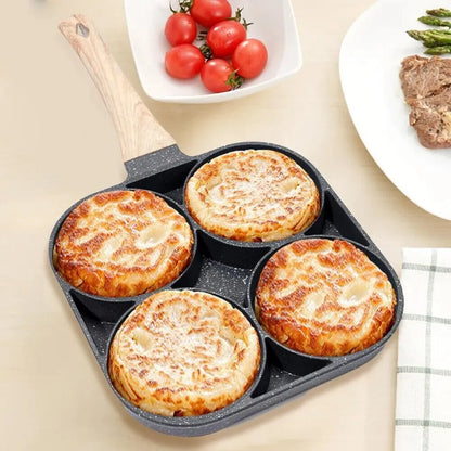 4 Cavity Non-Stick Frying Pan | Multipurpose Egg & Pancake Maker | 4 Section Omelette Pan with Wooden Handle