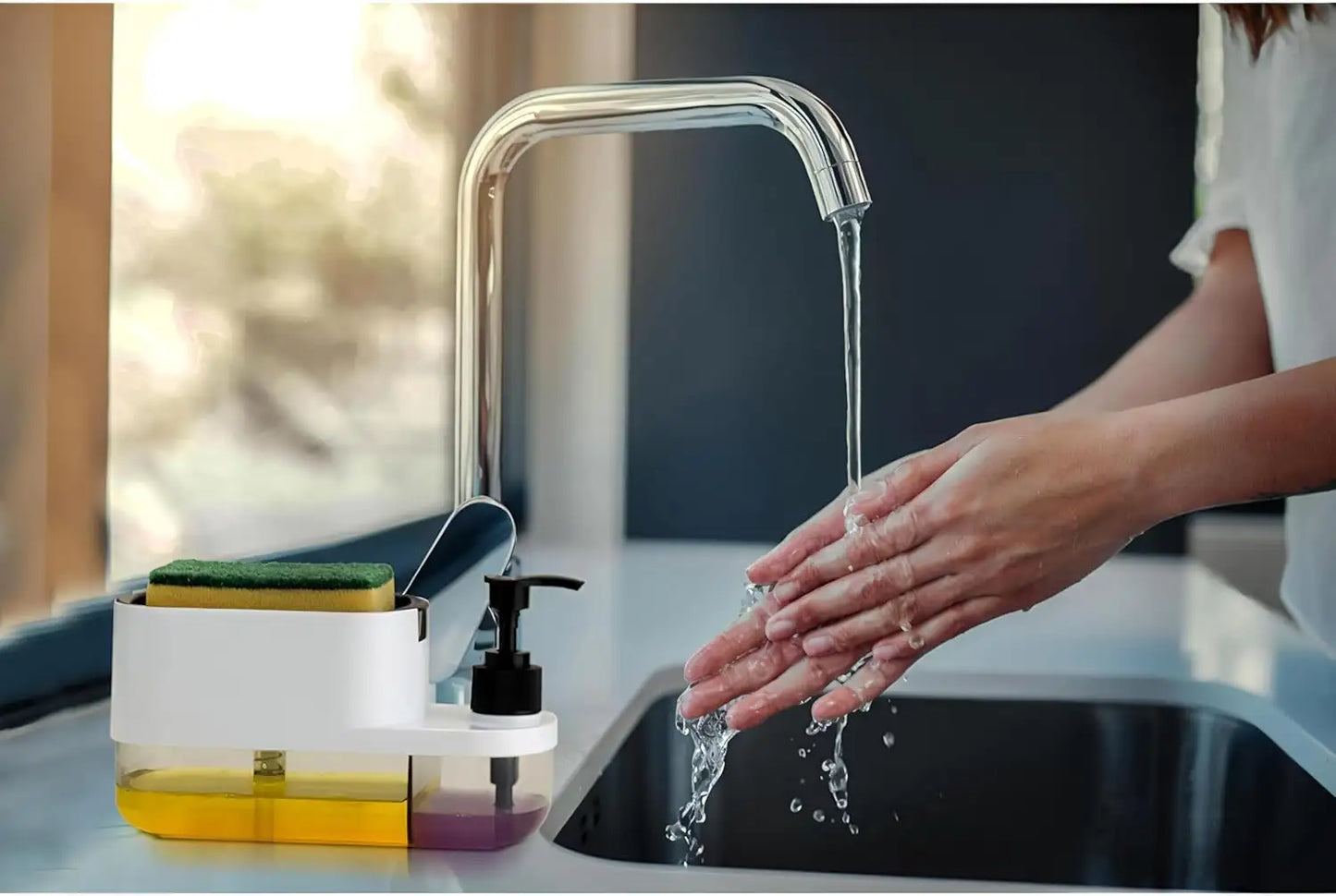 3 in 1 Dish Soap Pump Dispenser with Sponge Holder | Clay & Plastic Kitchen Sink Organizer | Liquid Soap Dispenser